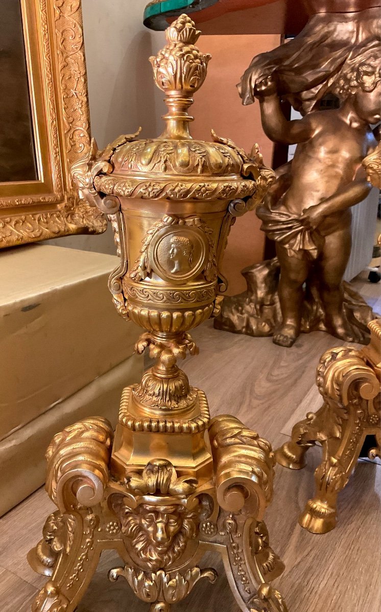 Pair Of Late 19th Century Louis XV Style Gilt Bronze Andirons Decorated With Medici Vases -photo-2