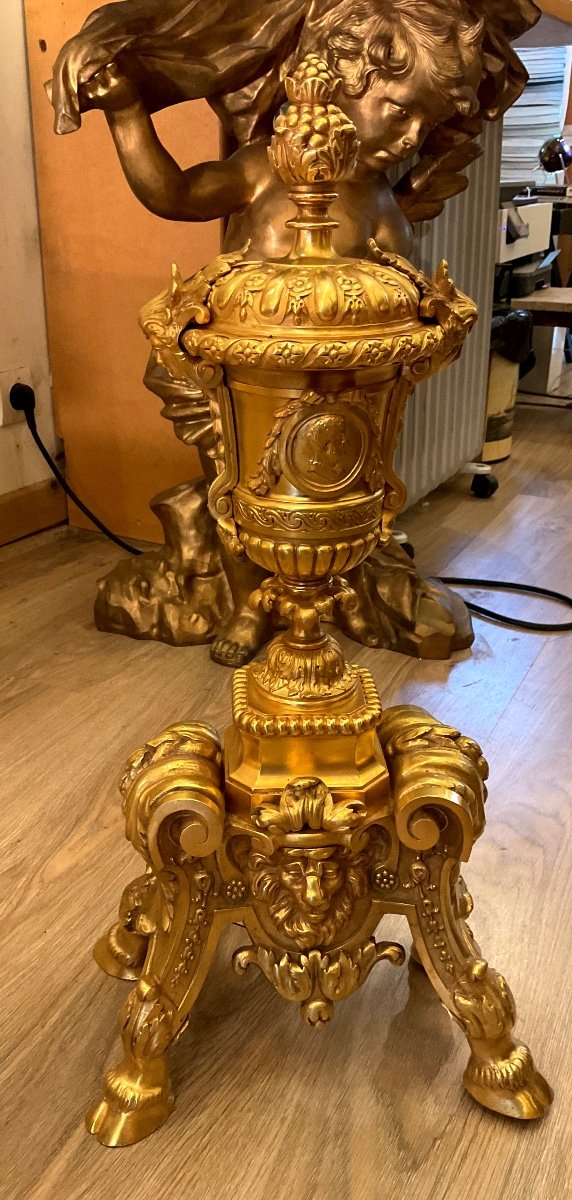 Pair Of Late 19th Century Louis XV Style Gilt Bronze Andirons Decorated With Medici Vases -photo-3