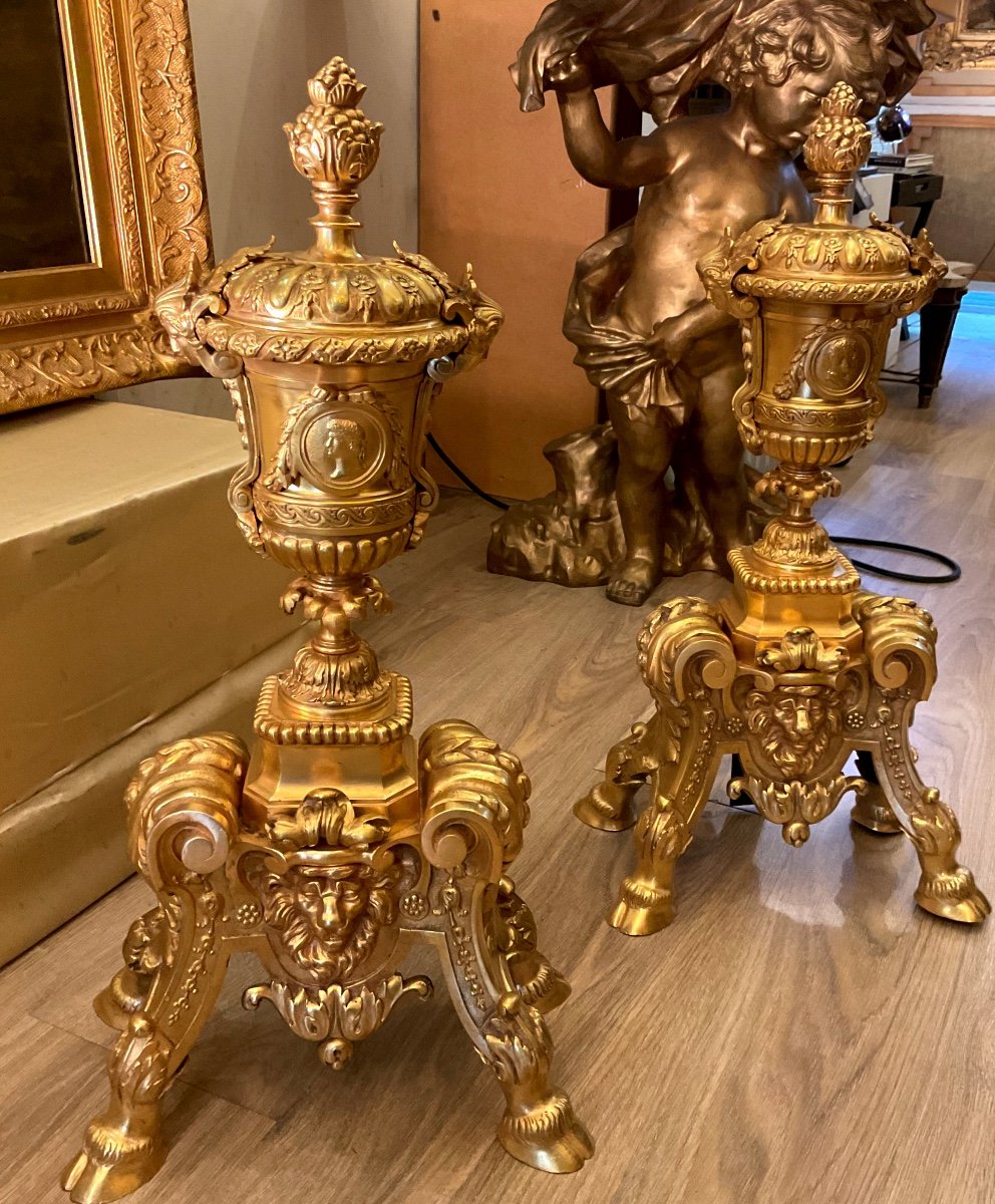 Pair Of Late 19th Century Louis XV Style Gilt Bronze Andirons Decorated With Medici Vases 