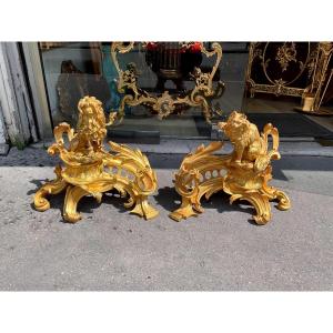 Pair Of Louis XV Style Andirons In Gilt Bronze Napoleon III Period