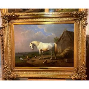 Franz Van Severdonck (1809-1889) “the White Stallion” Oil On Mahogany Panel 