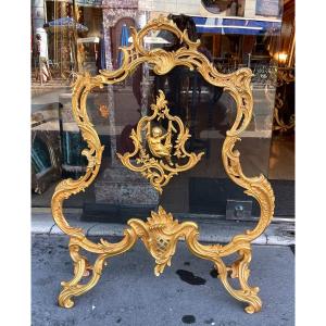 Louis XV Style Fireplace Screen In Gilded Bronze, 19th Century 