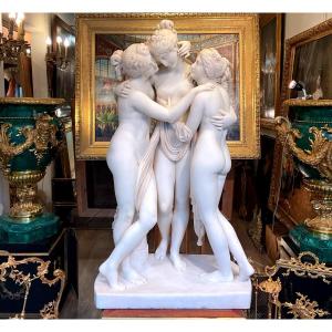 Sculpture Marbre Carrare « les Trois Graces « suiveur à.canova 19eme Siecle