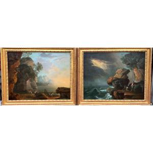 Paire De Tableaux Fin 18 Eme «  Scènes De Bord De Mer Et Tempête «  Suiveur De Vernet 