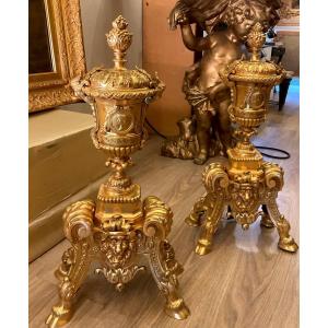 Pair Of Late 19th Century Louis XV Style Gilt Bronze Andirons Decorated With Medici Vases 