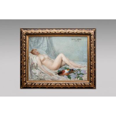 Adolf La Lyre - "model In The Artist's Studio" Oil On Canvas 19th Century