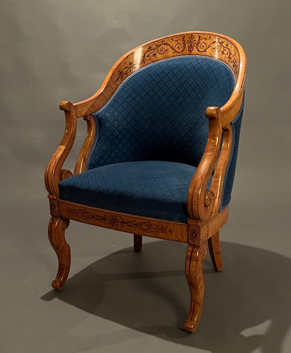 Paire de fauteuils gondoles d'époque Charles X en érable moucheté-photo-2