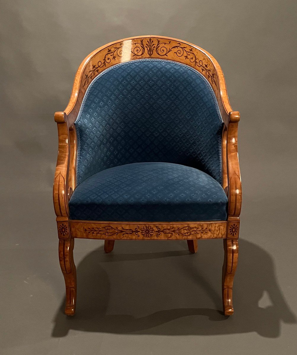 Paire de fauteuils gondoles d'époque Charles X en érable moucheté-photo-3