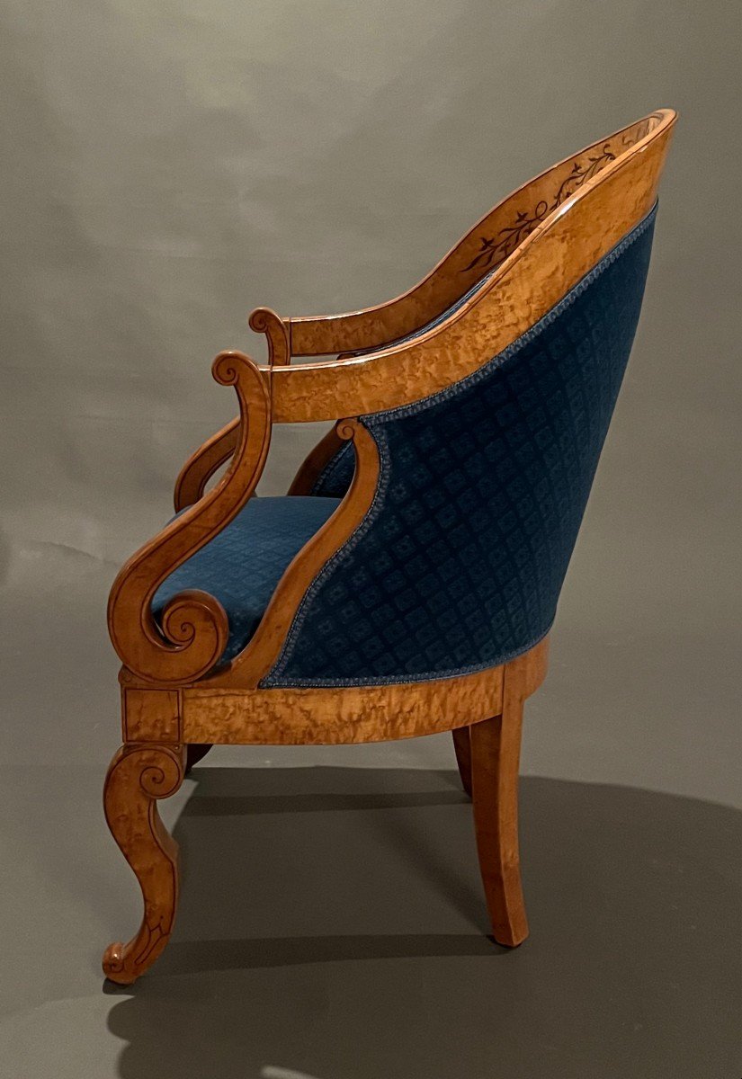 Paire de fauteuils gondoles d'époque Charles X en érable moucheté-photo-4