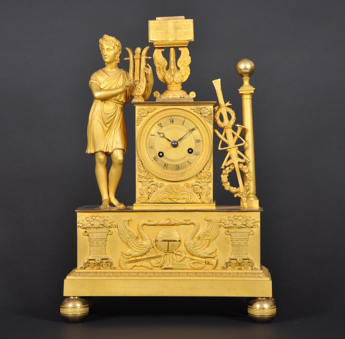 Pendule Apollon à la lyre, en bronze doré d'époque Empire -  Restauration - Charles X-photo-2