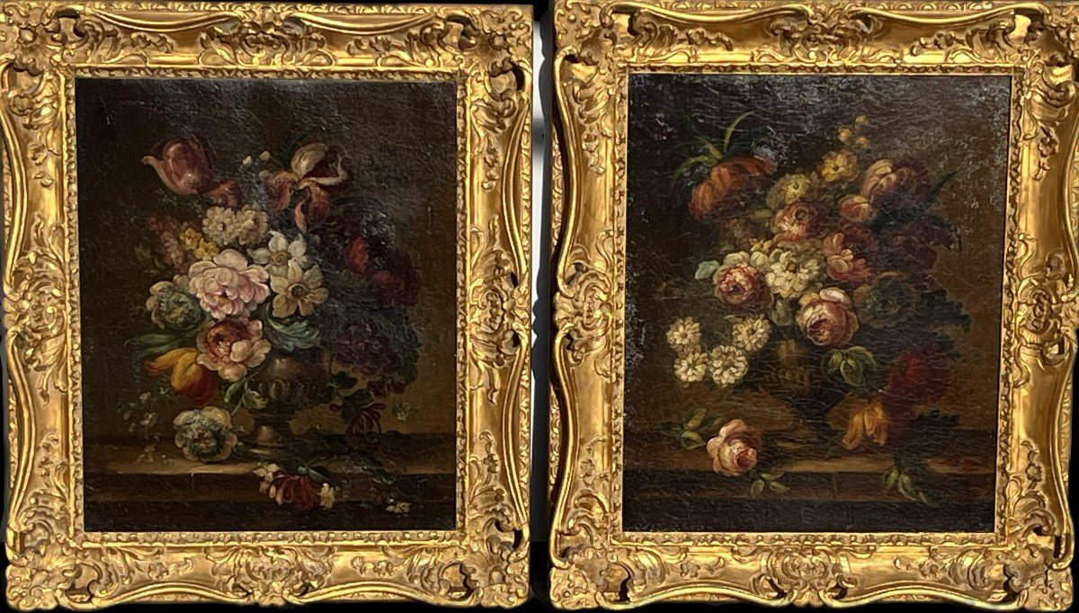 Pair Of Bouquets Of Flowers On Entablatures, Oils On Canvas, 18th - 19th Century