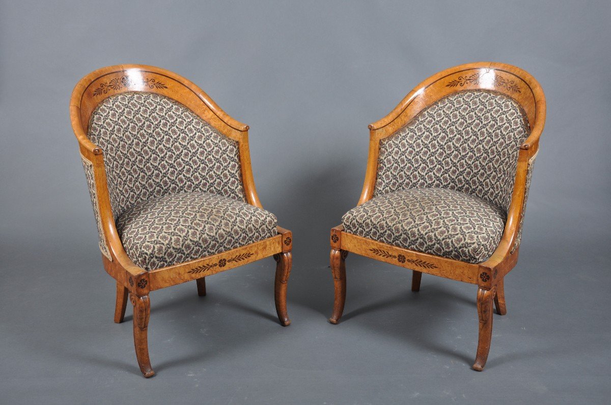 Pair Of Charles X Period Gondola Armchairs In Maple