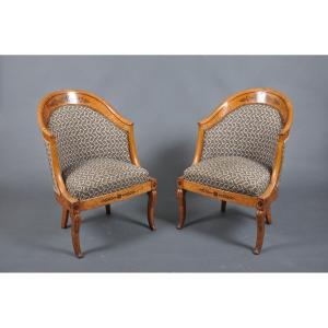 Pair Of Charles X Period Gondola Armchairs In Maple