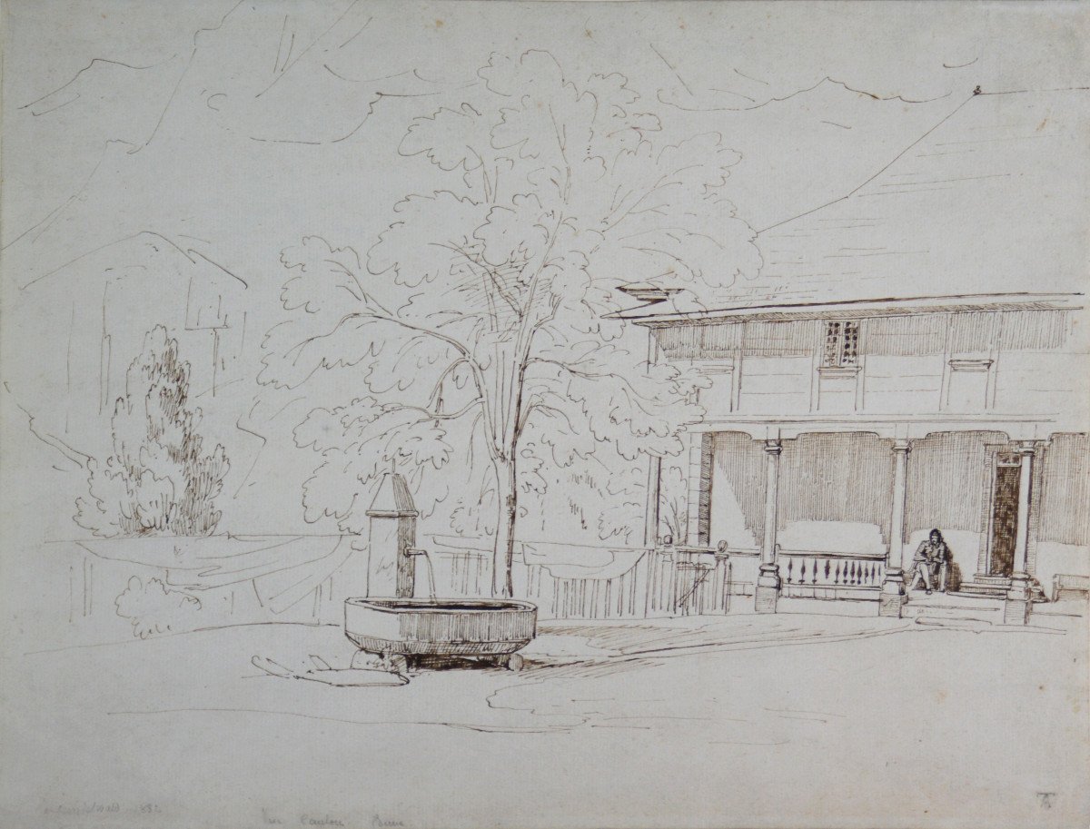 Théodore Caruelle d'Aligny 1798-1871. "Personnage devant une maison à Grindelwald."