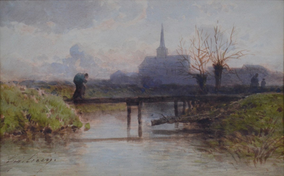 Eugène Ciceri 1813-1890.   "La traversée du petit pont."