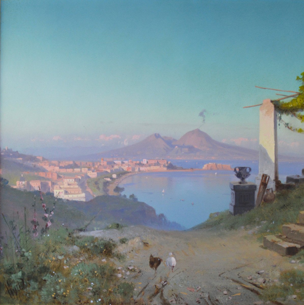 Cesare Uva 1824-1886. École Italienne.  "La baie de Naples."-photo-3