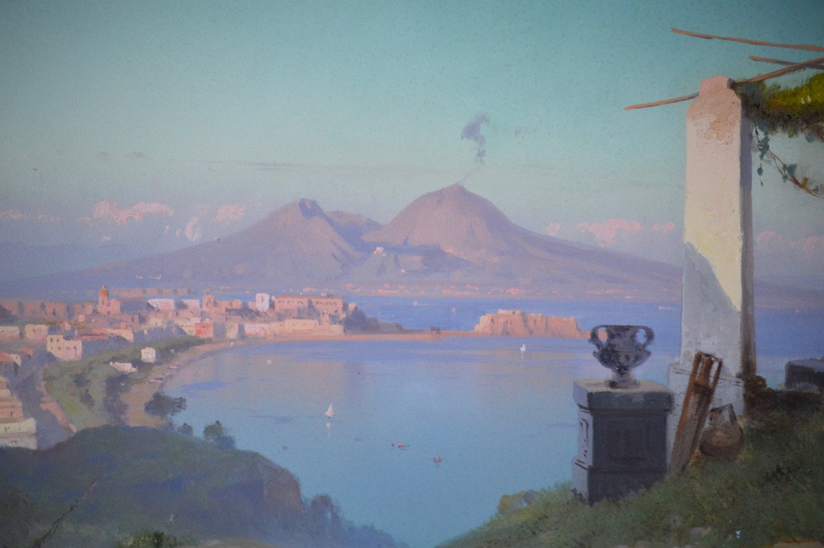 Cesare Uva 1824-1886. École Italienne.  "La baie de Naples."-photo-3