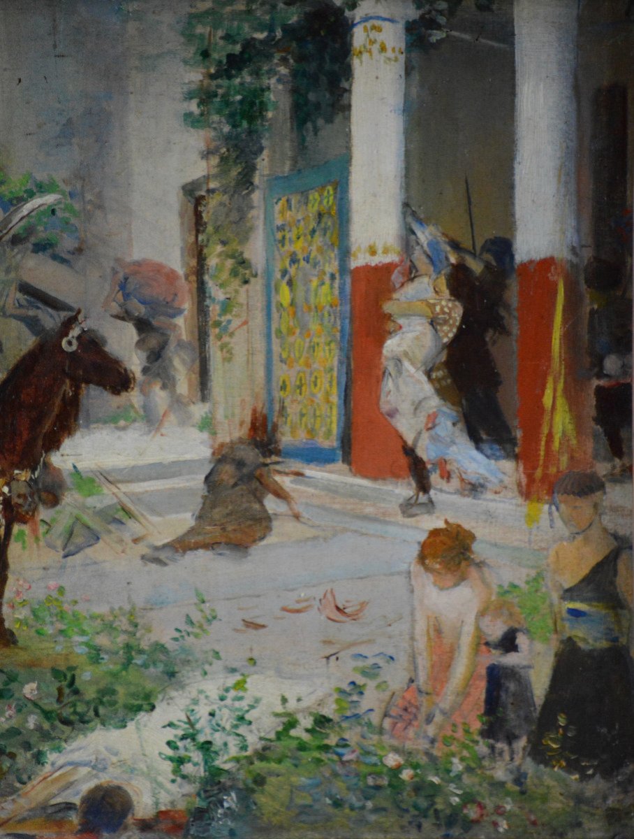 Georges Rochegrosse 1859-1938. "looting Of A Gallo-roman Villa By The Huns."-photo-1