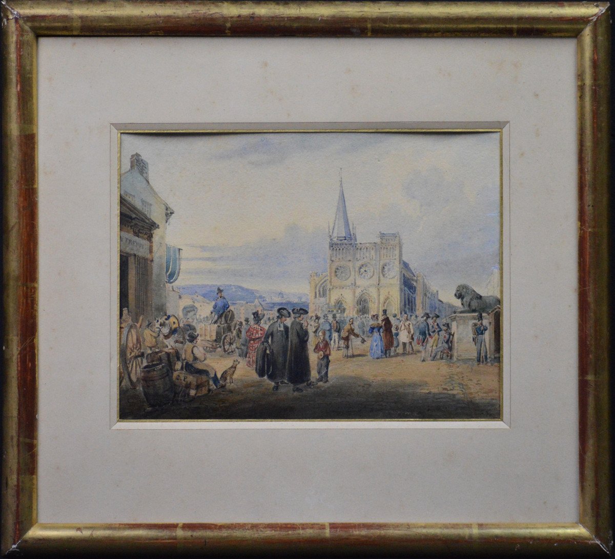 Charles Pensée 1799-1871. "Scène animée devant une Cathédrale."