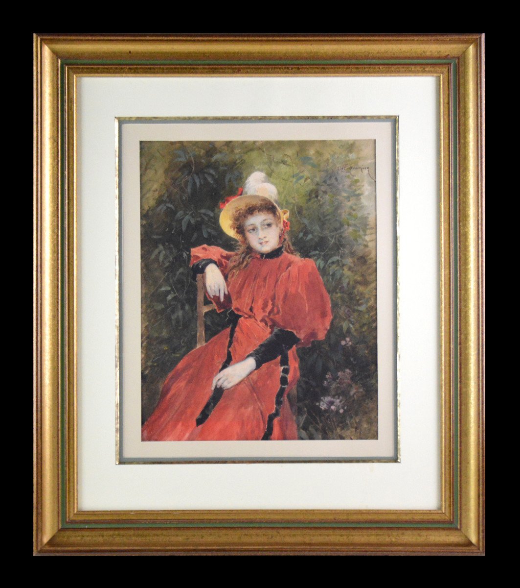 Octave Alfred Saunier (1842/43-1887/89).  "Portrait de jeune fille à la robe rouge."-photo-2