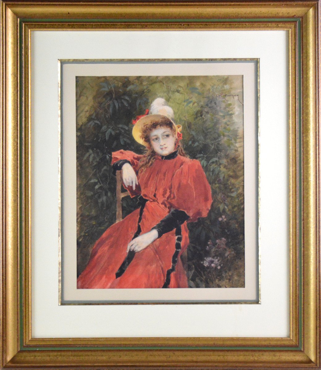 Octave Alfred Saunier (1842/43-1887/89).  "Portrait de jeune fille à la robe rouge."-photo-3