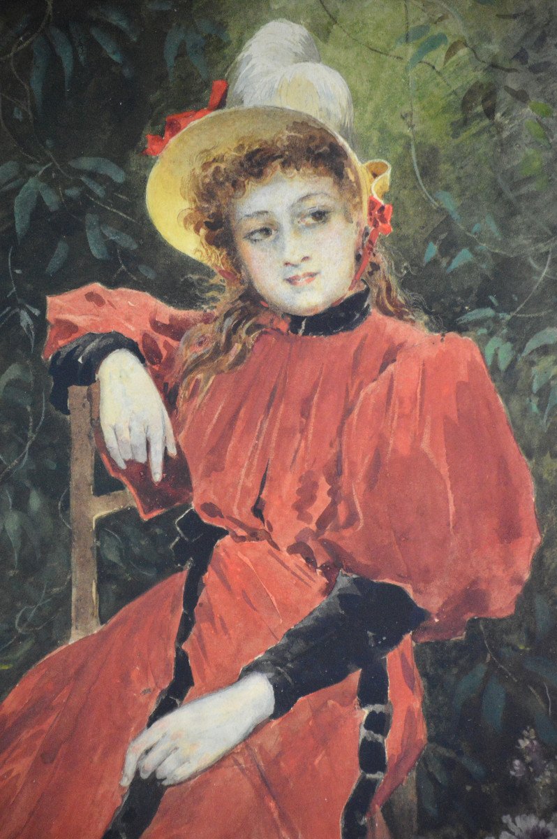 Octave Alfred Saunier (1842/43-1887/89).  "Portrait de jeune fille à la robe rouge."-photo-2