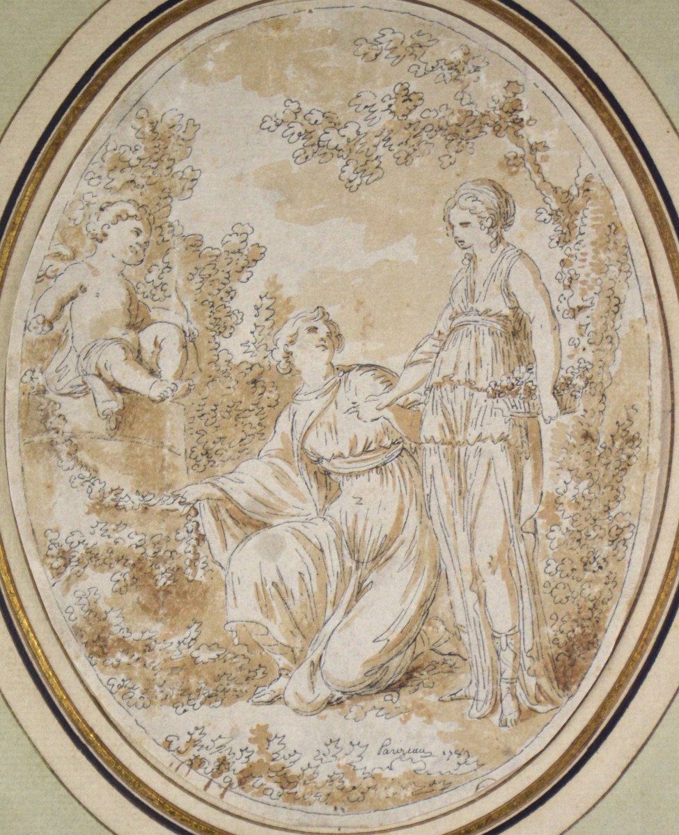 Philippe-Louis Parizeau 1740-1801. "Deux femmes avec un putti dans un paysage arboré."-photo-3