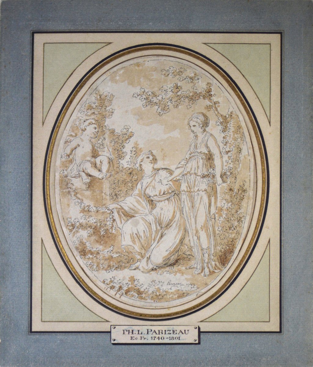 Philippe-Louis Parizeau 1740-1801. "Deux femmes avec un putti dans un paysage arboré."