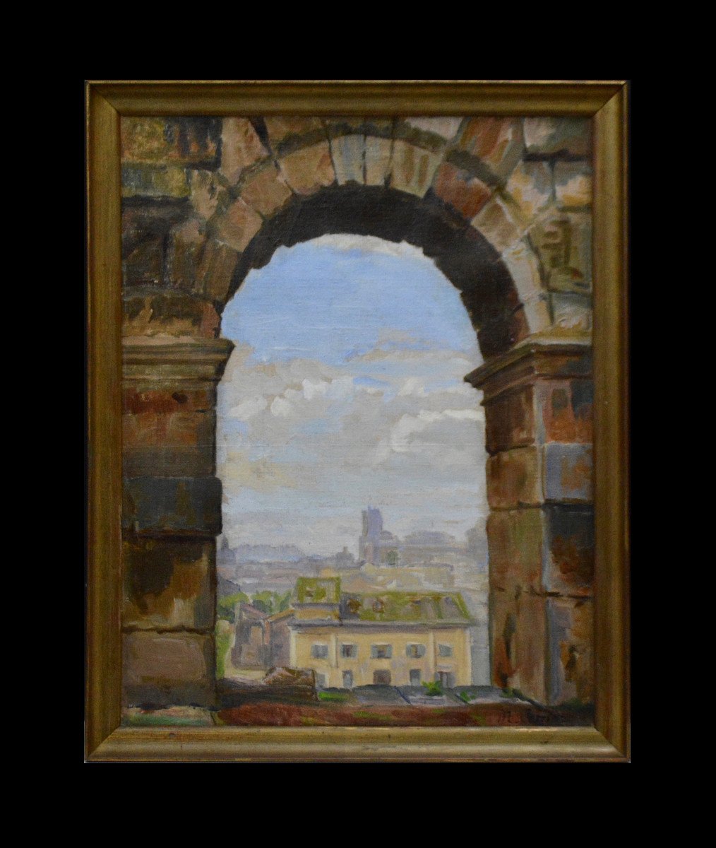 Marthe Carrier 1888-1974. "Vue de Rome à travers une arche du Colisée."-photo-2