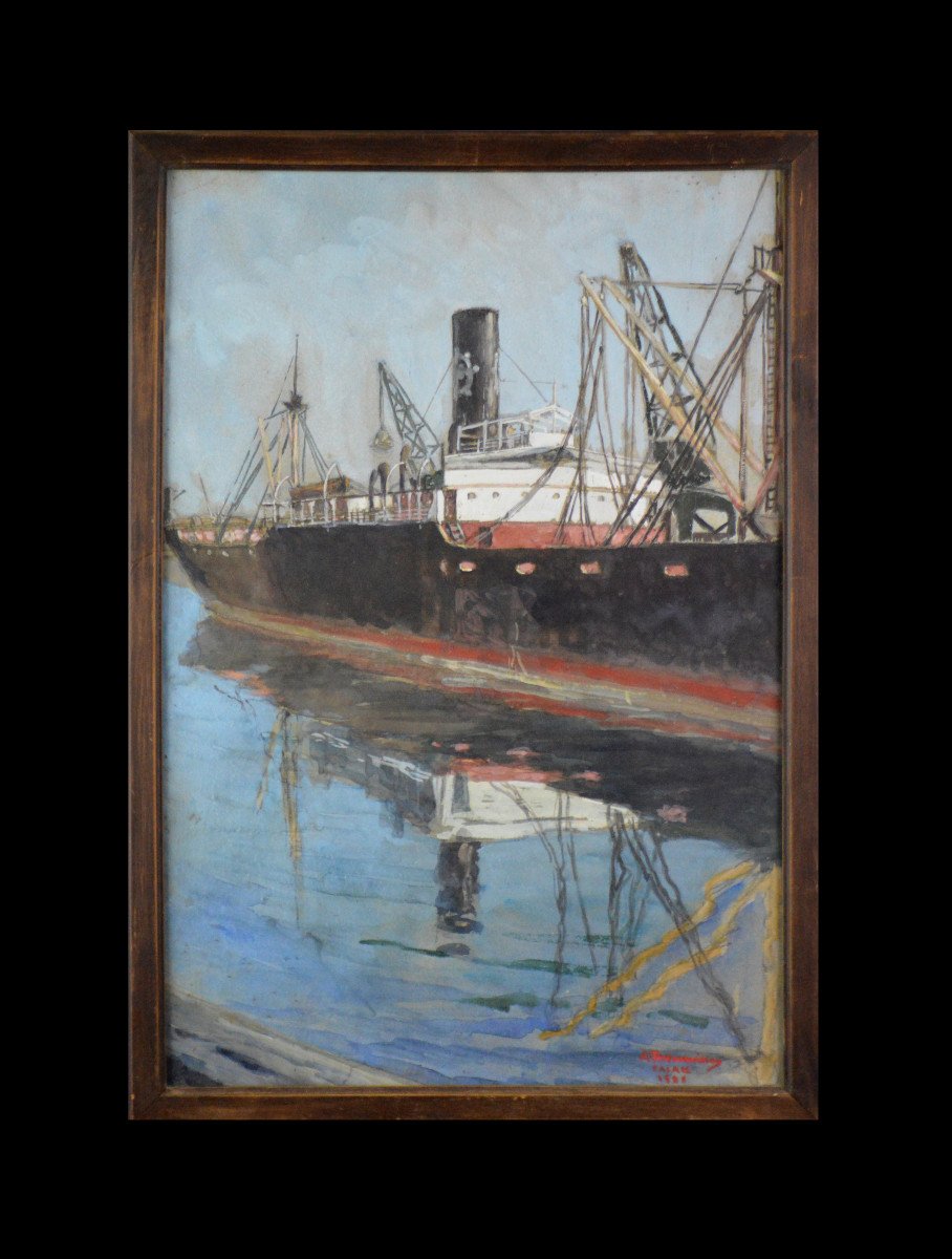 André Theunissen 1895-1936. "cargo In The Port Of Calais."-photo-2