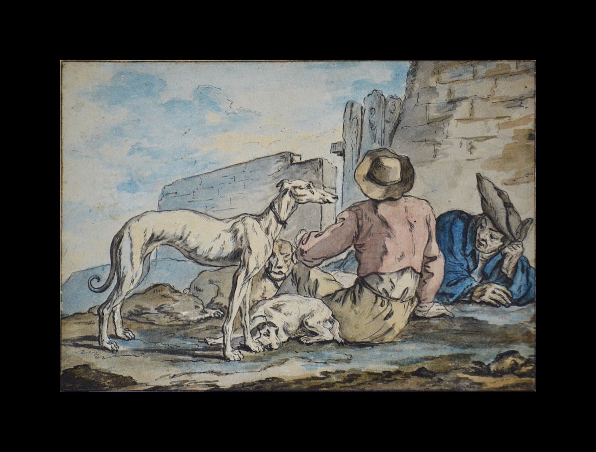 French School, 18th Century. "two Men Resting With Their Dogs."