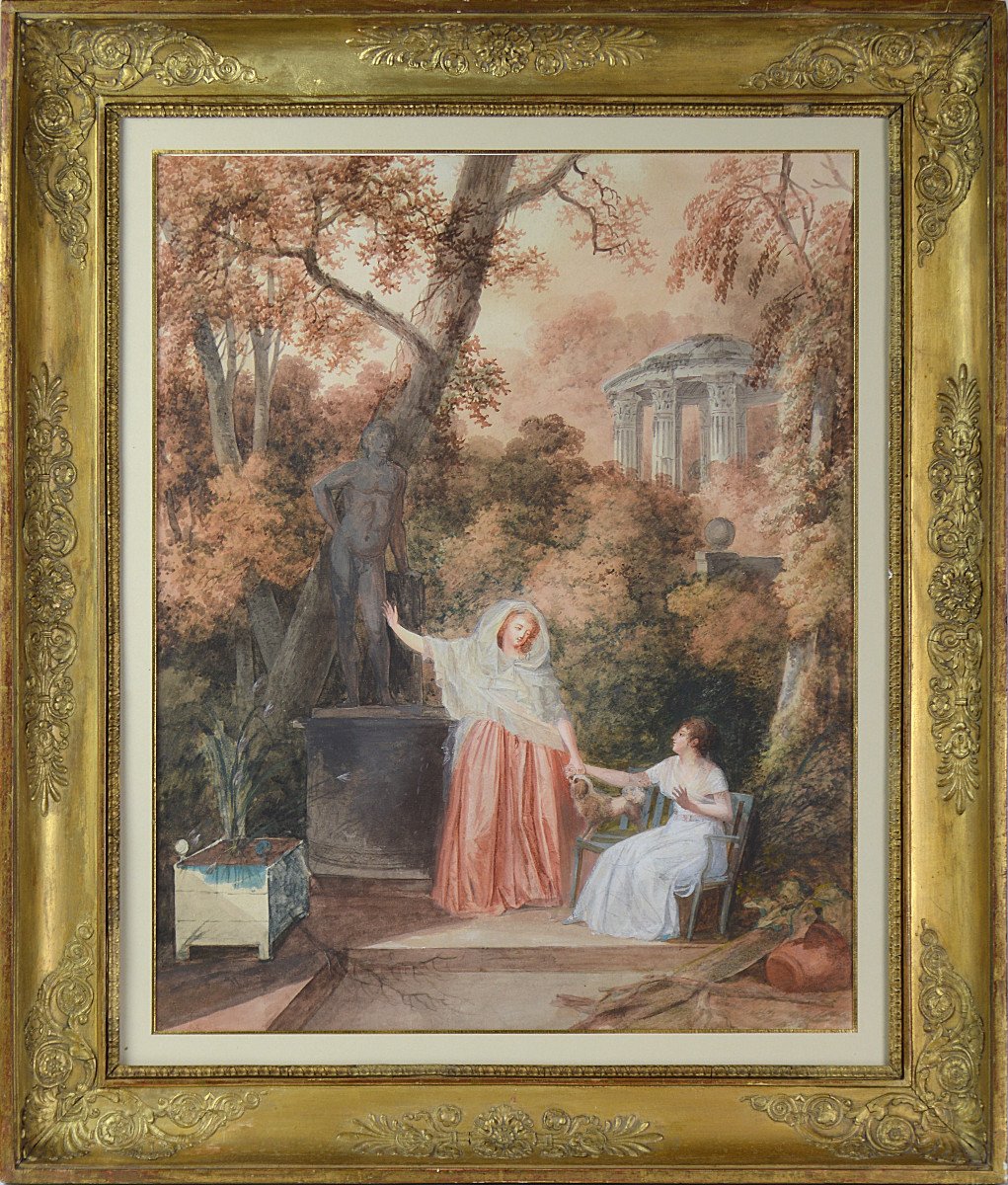 Jean-Baptiste Mallet 1759-1835.  "Deux élégantes dans un parc. L'entremetteuse."-photo-2