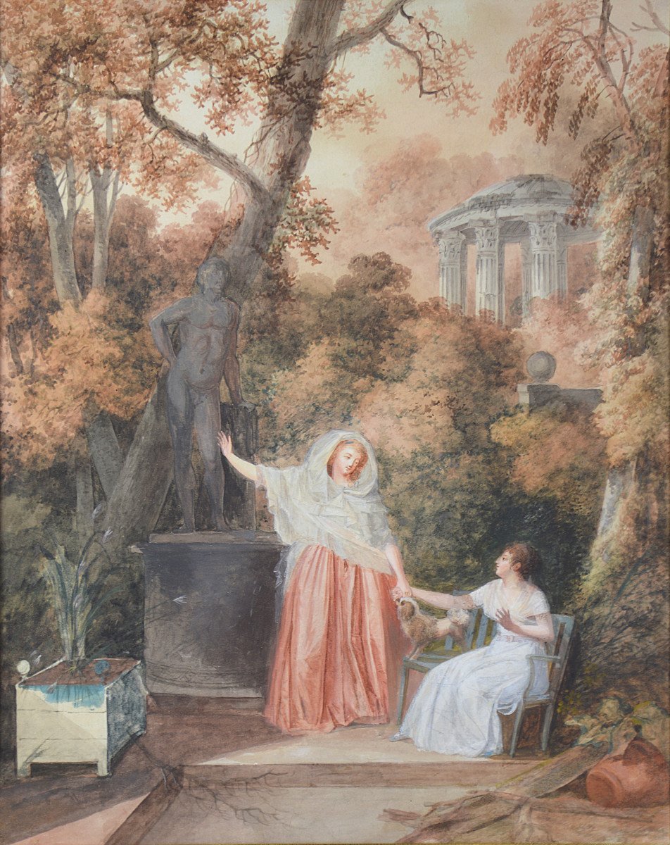 Jean-Baptiste Mallet 1759-1835.  "Deux élégantes dans un parc. L'entremetteuse."-photo-3