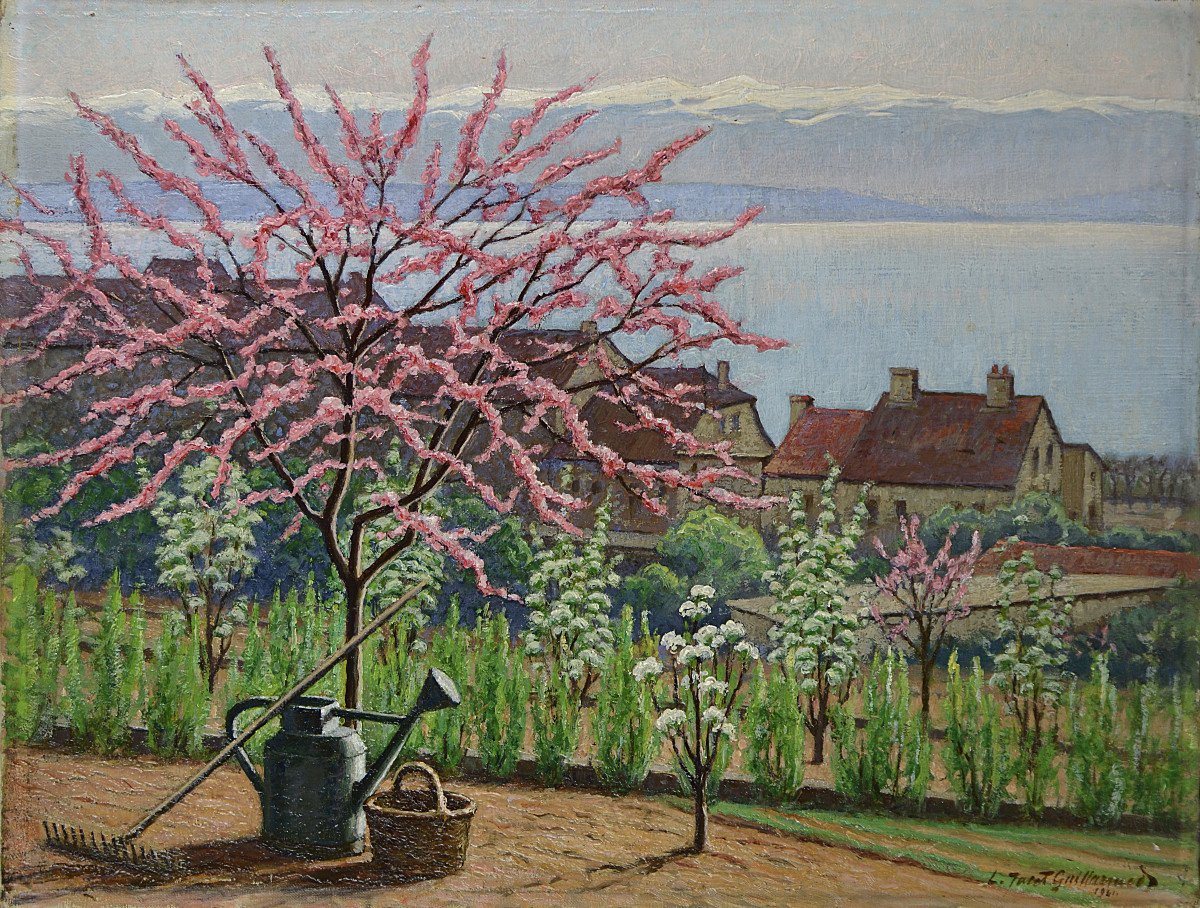 Eugène-louis Jacot Guillarmod 1872-1958. Swiss School. "cherry Tree In Blossom On The Edge Of A Lake."-photo-2