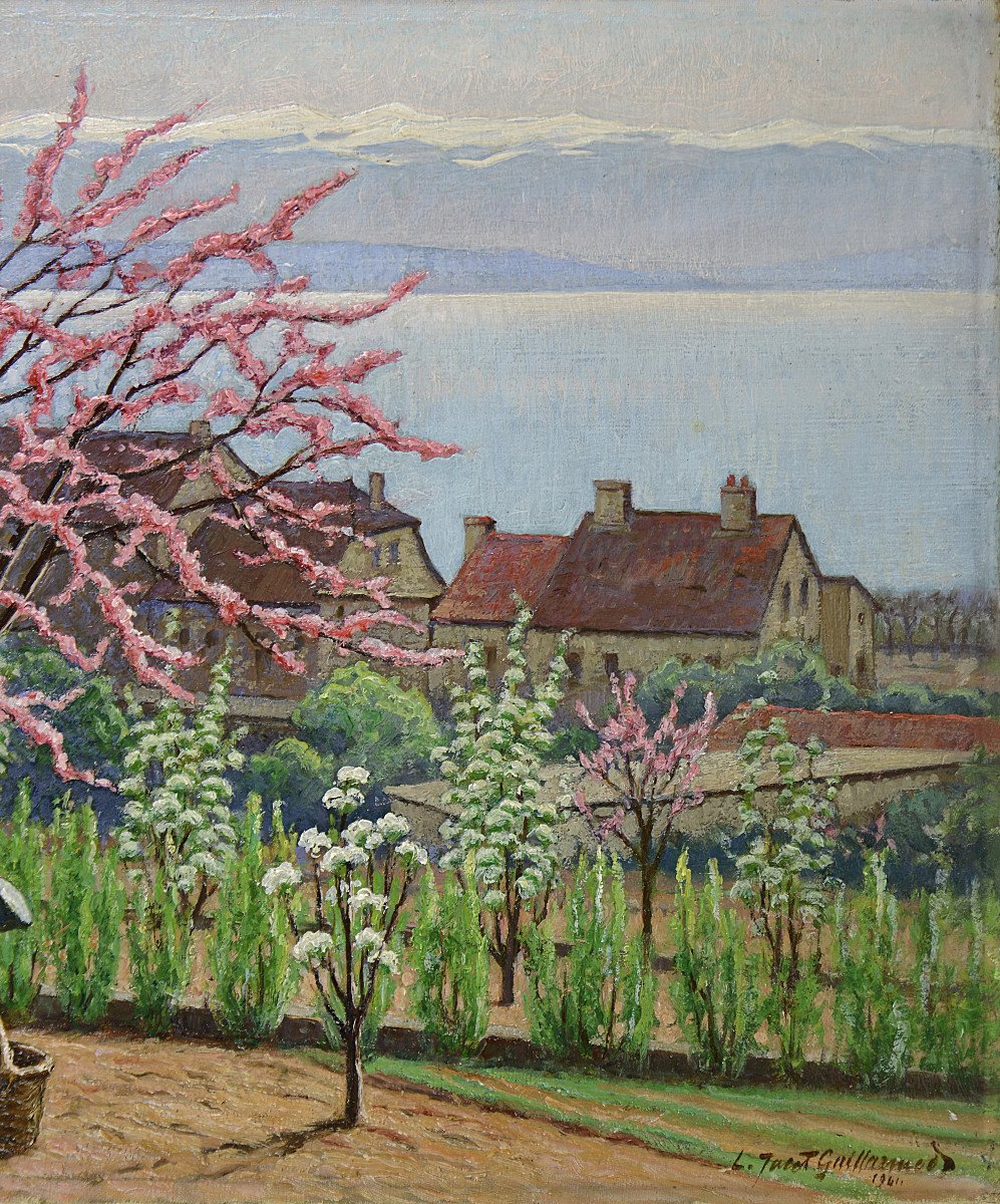 Eugène-louis Jacot Guillarmod 1872-1958. Swiss School. "cherry Tree In Blossom On The Edge Of A Lake."-photo-1