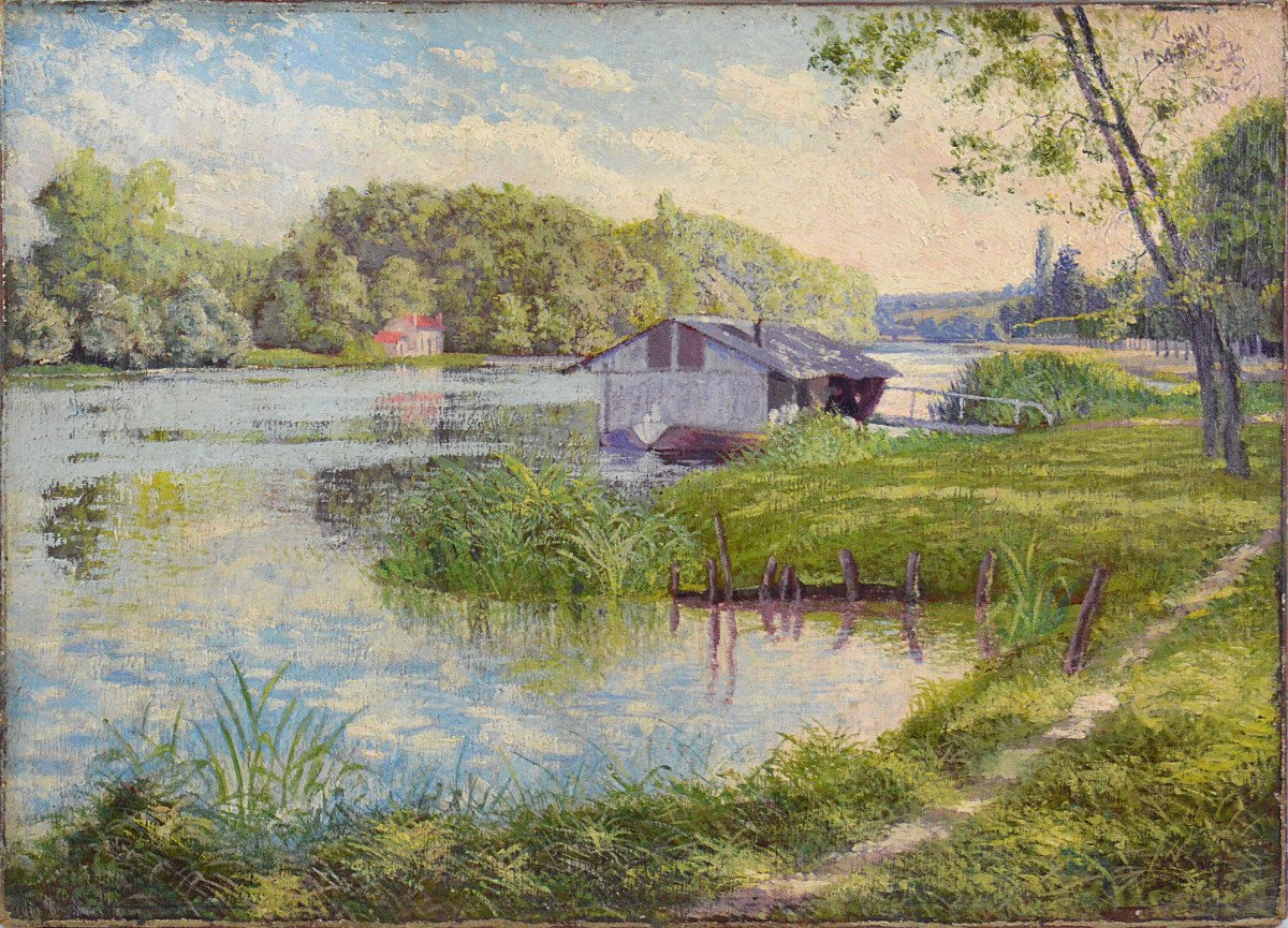 Auguste Courtes 19th/20th Century. French School, Post-impressionist. "the Seine At Héricy."-photo-2