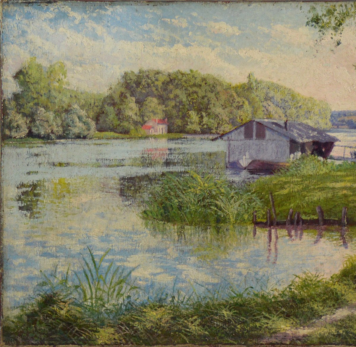 Auguste Courtes 19ᵉ/20ᵉ siècle. École Française, post Impressionniste. "La seine à Héricy."-photo-1