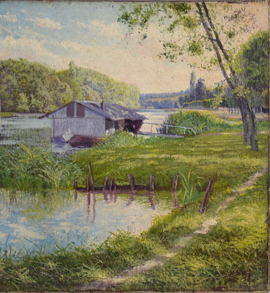 Auguste Courtes 19ᵉ/20ᵉ siècle. École Française, post Impressionniste. "La seine à Héricy."-photo-2