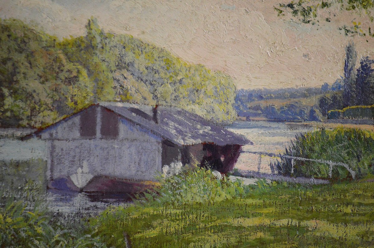 Auguste Courtes 19th/20th Century. French School, Post-impressionist. "the Seine At Héricy."-photo-3