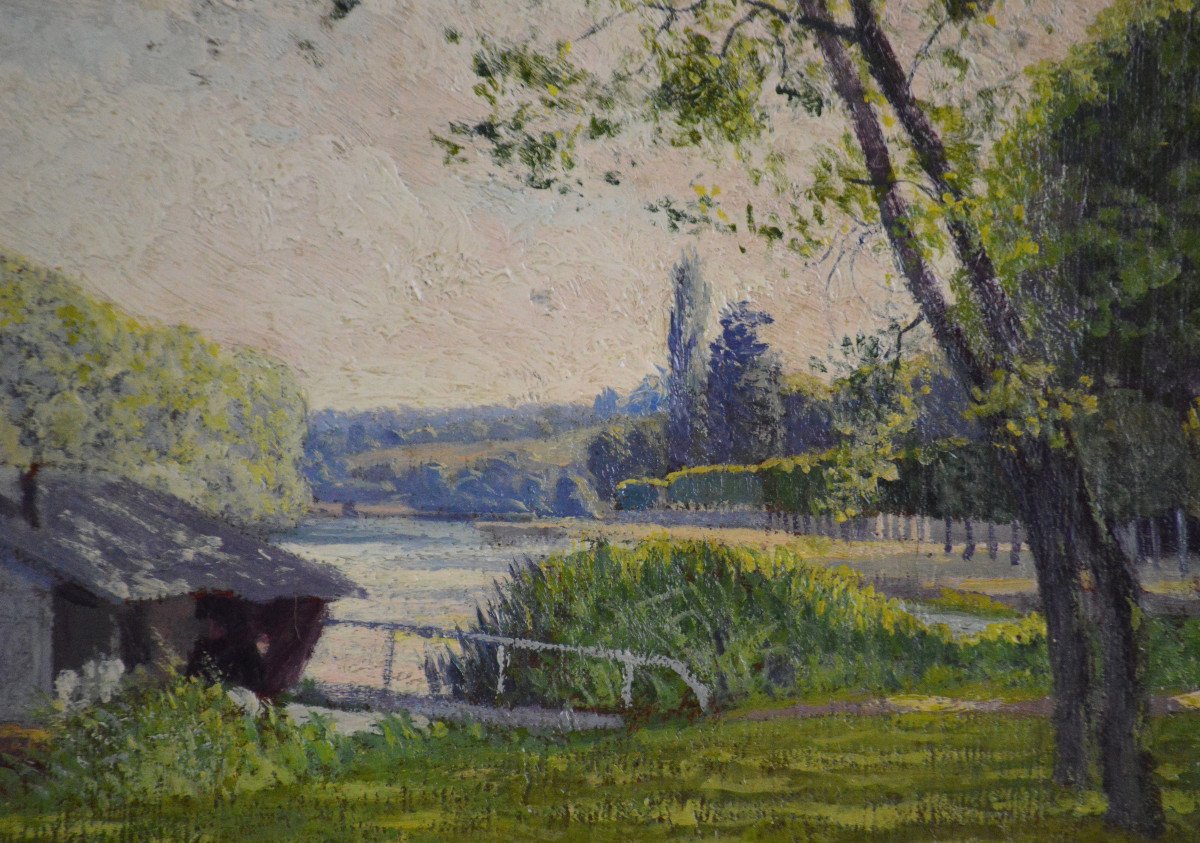 Auguste Courtes 19th/20th Century. French School, Post-impressionist. "the Seine At Héricy."-photo-4