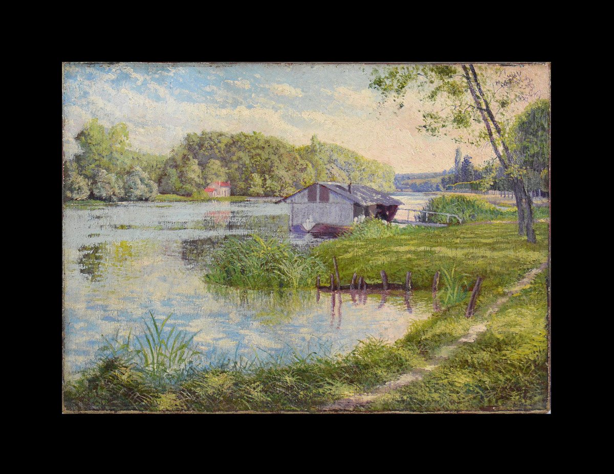 Auguste Courtes 19ᵉ/20ᵉ siècle. École Française, post Impressionniste. "La seine à Héricy."