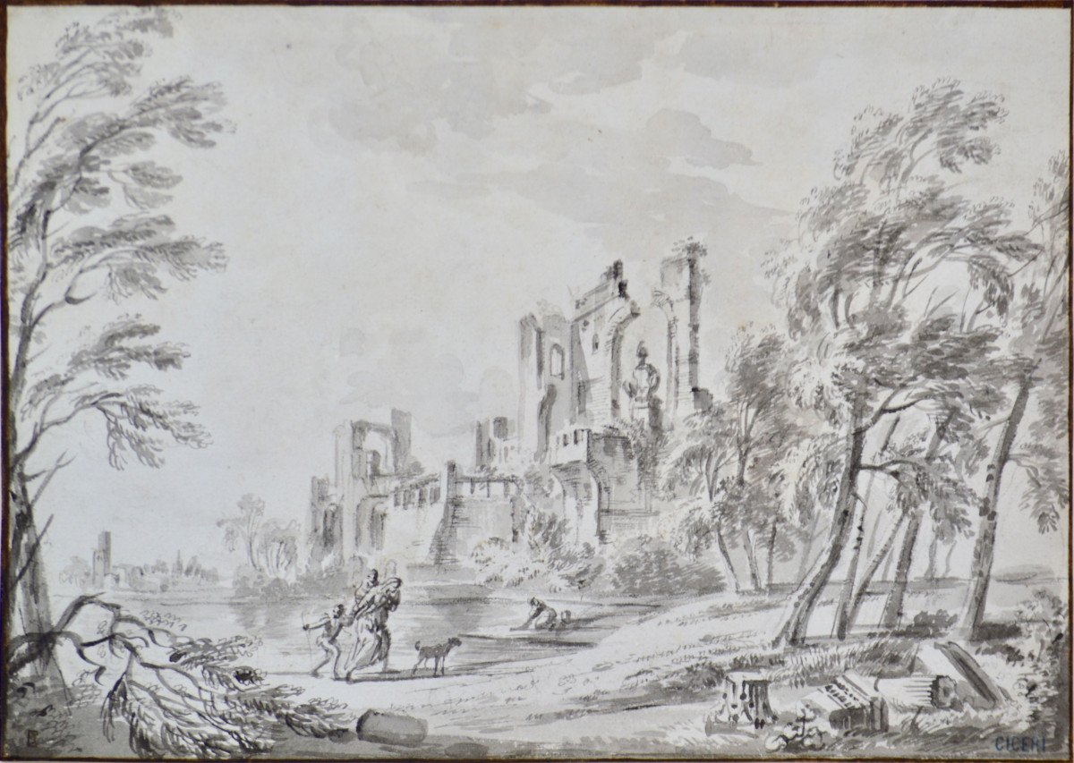 Jean-Baptiste Lallemand 1716-1803. "Paysage animé avec ruines."-photo-3