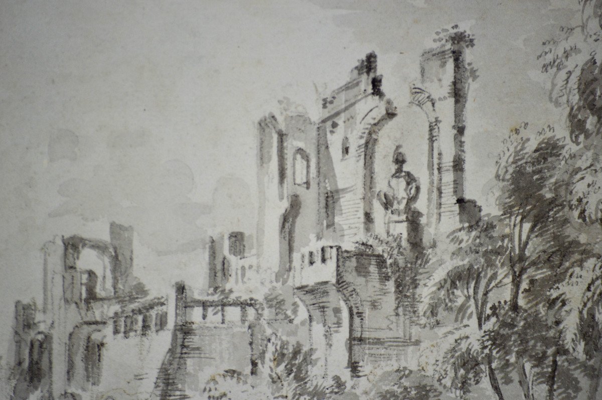 Jean-baptiste Lallemand 1716-1803. "animated Landscape With Ruins."-photo-2