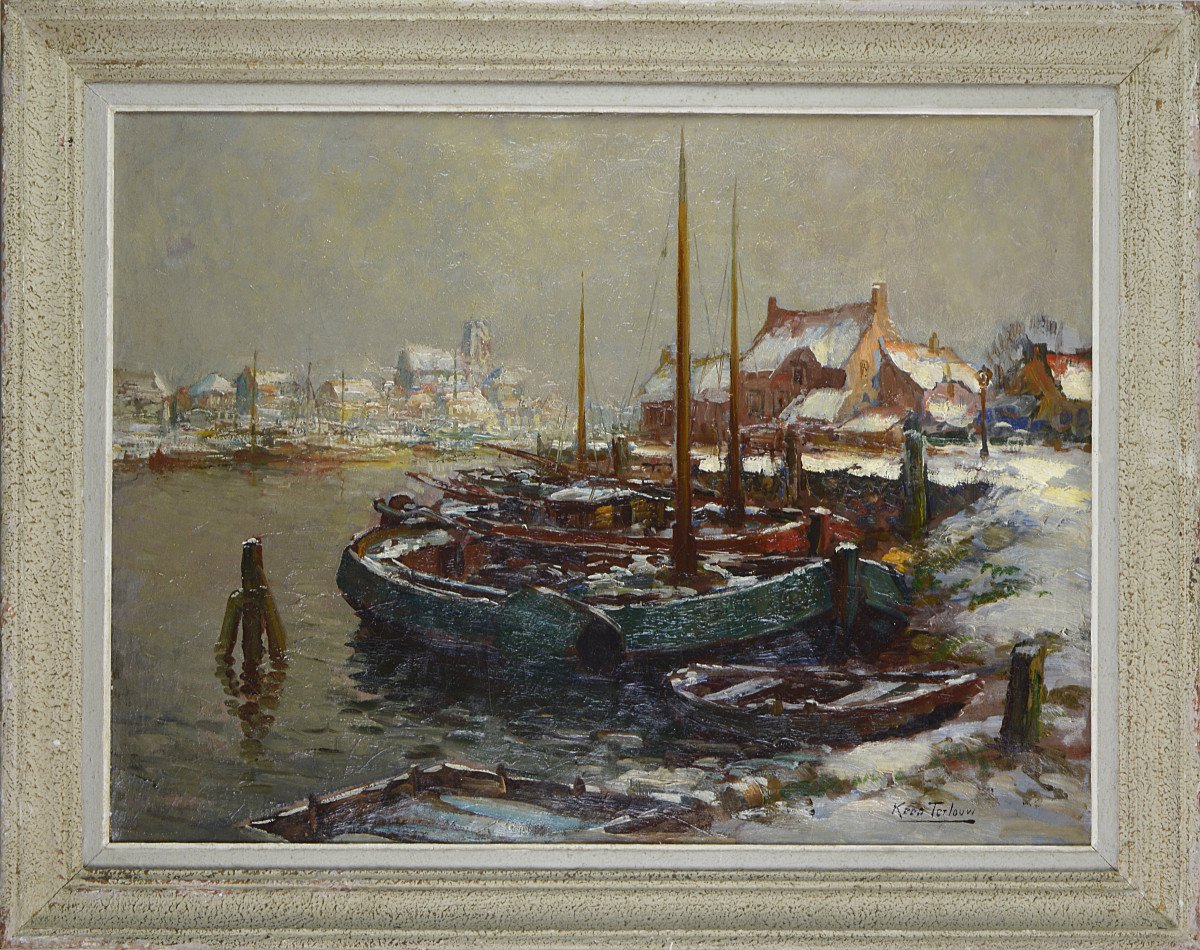 Kees Terlouw 1890-1948. Dutch School. "port Under The Snow."-photo-2