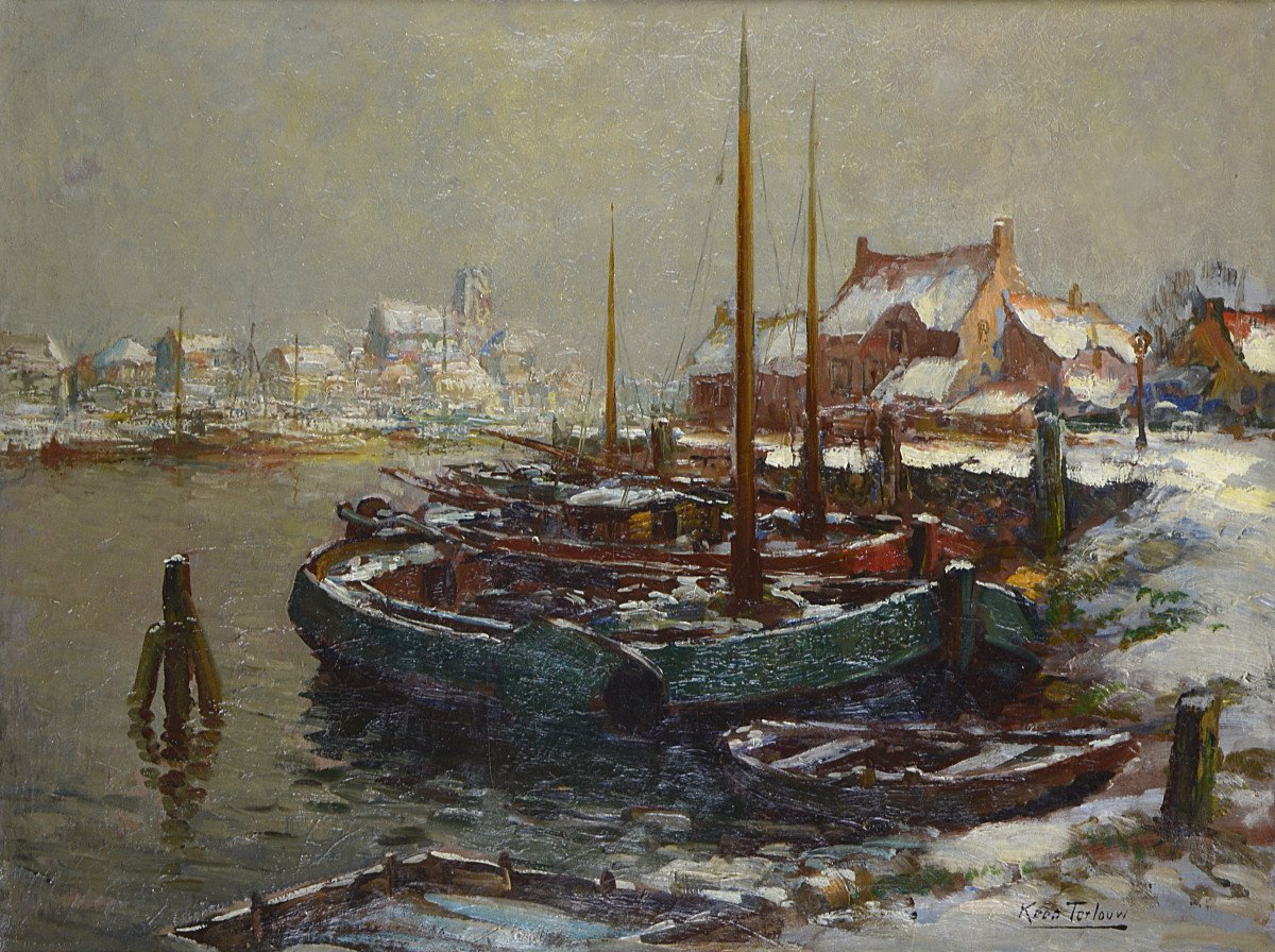 Kees Terlouw 1890-1948. Dutch School. "port Under The Snow."-photo-3