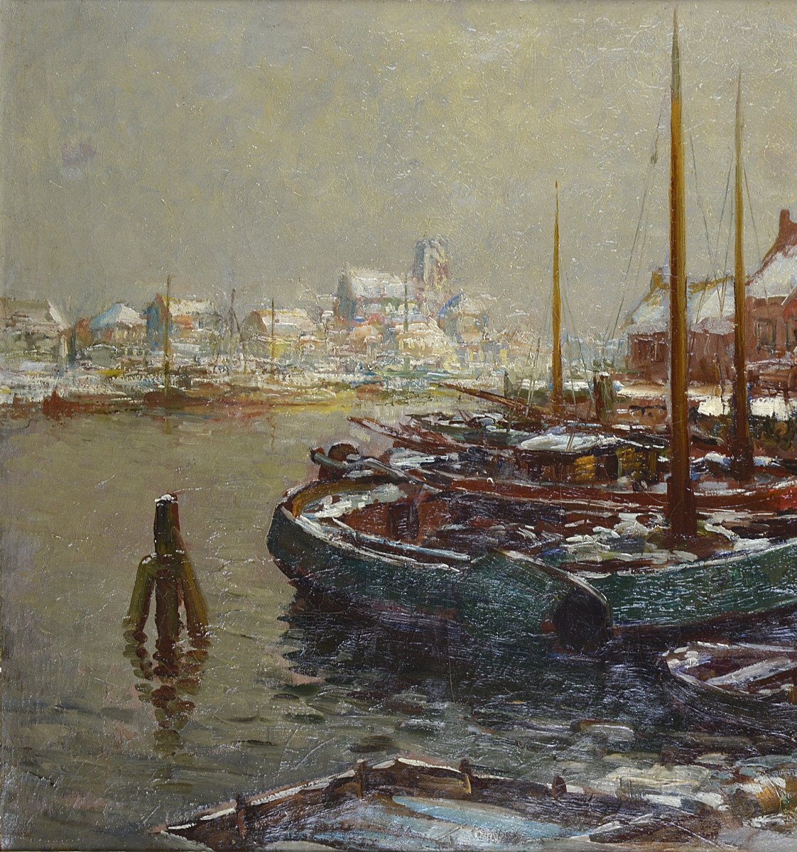 Kees Terlouw 1890-1948. Dutch School. "port Under The Snow."-photo-1