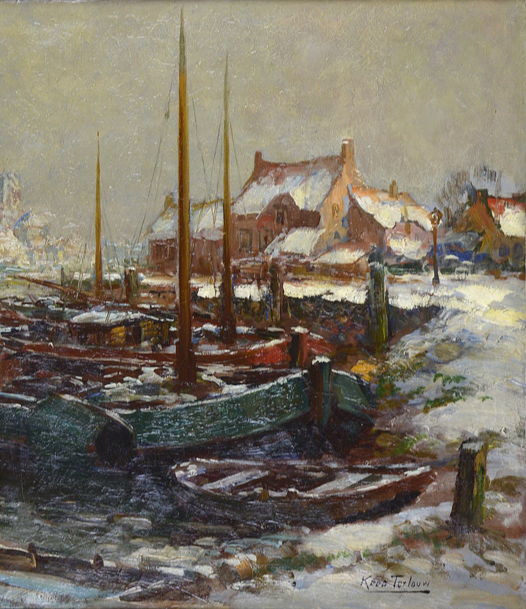 Kees Terlouw 1890-1948. Dutch School. "port Under The Snow."-photo-2