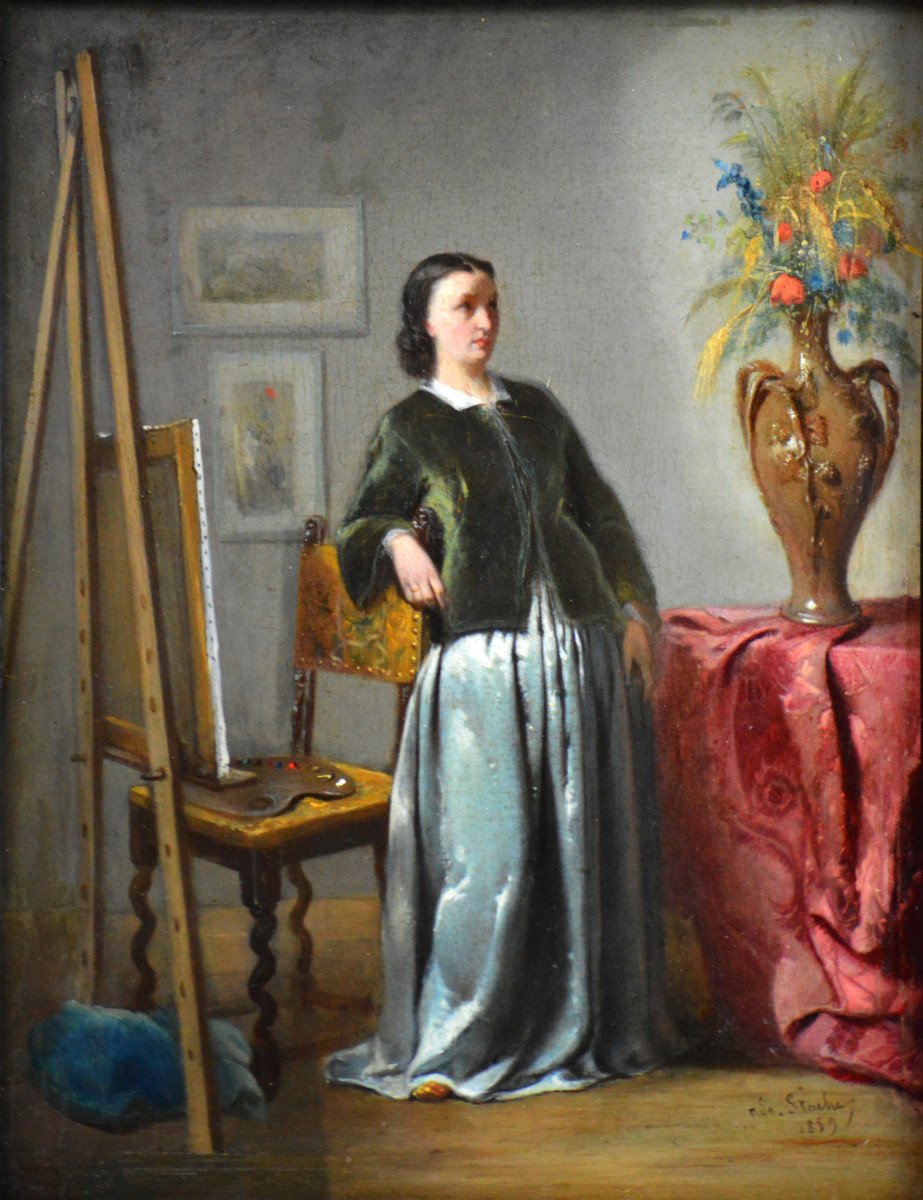 Adolphe Stache 1823-1862. Belgian School. "woman Painter In Her Studio."-photo-2