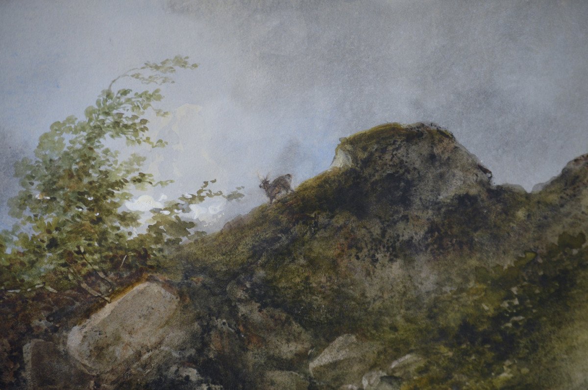 Gabriel Hippolyte Lebas 1812-1880. "landscape With Ibex Hunter."-photo-1