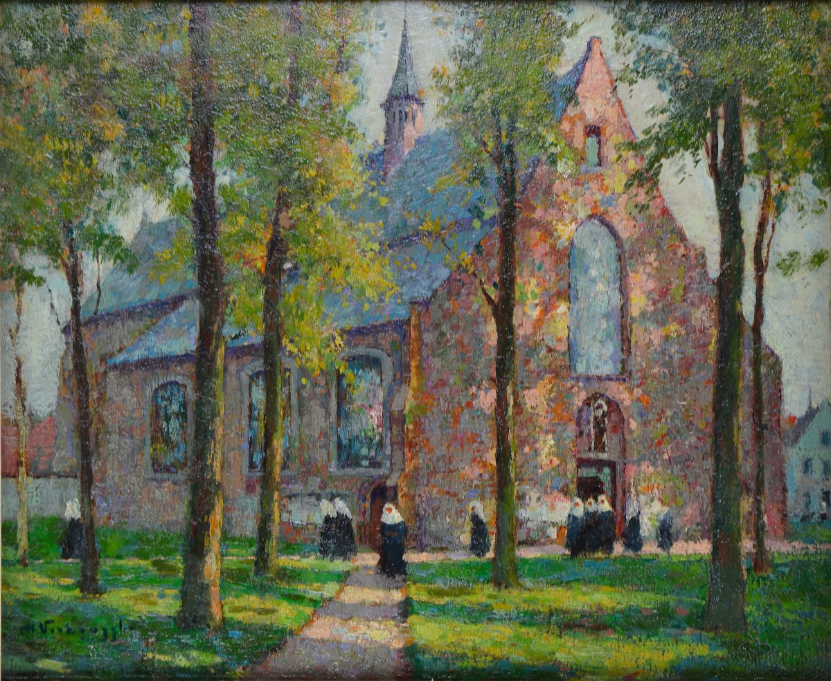 Charles Henri Verbrugghe 1877-1974. Belgian School "the Beguinage Of Bruges."-photo-3